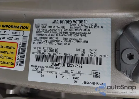 2019 Ford Fusion Hybrid Se из США, поврежденный, VIN 3FA6P0LU1KR272392